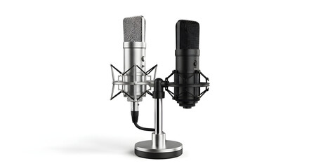Dual Studio Microphones on Silver Stand in White Background