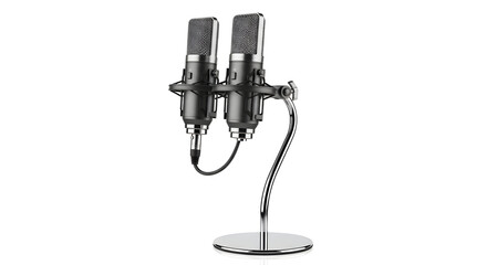 Fototapeta premium Professional Dual Microphone on Sleek Metal Stand for Recording Studio or Podcast