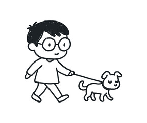 Doodle line comic style vector illustration asian boy with round glasses walking dog on leash black outline simple imperfect lines minimal details isolated on white