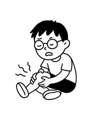 Doodle line comic style vector illustration asian boy with round glasses leg pain sitting massaging leg black outline simple imperfect lines minimal details isolated on white