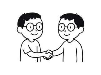 Doodle line comic style vector illustration asian boy with round glasses meeting  boy black outline simple imperfect lines minimal details isolated on white