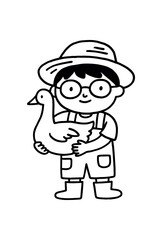 Fototapeta premium Doodle line comic style vector illustration asian boy with round glasses farmer with goose black outline simple imperfect lines minimal details isolated on white