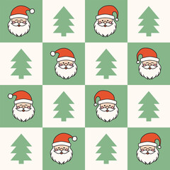santa claus and Christmas trees checkered pattern. for surface pattern design, print, wallpaper, wrapping paper, fabric.