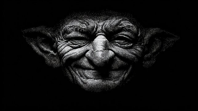 Black and white portrait of a grinning goblin face in a dark, detailed stipple drawing