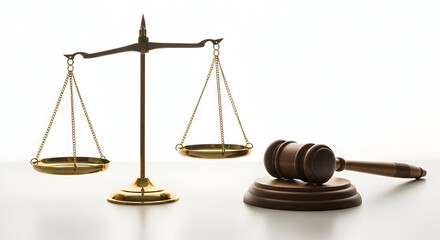 Justice Scale and Gavel Set on White Background for Legal and Courtroom Use