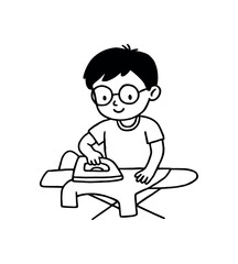 Doodle line comic style vector illustration asian boy with round glasses ironing clothes black outline simple imperfect lines minimal details isolated on white