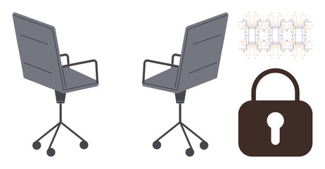 Two office chairs, a lock icon, and a detailed diagram suggest corporate cybersecurity, team dynamics, and operational structure. Ideal for collaboration, security, planning, office culture