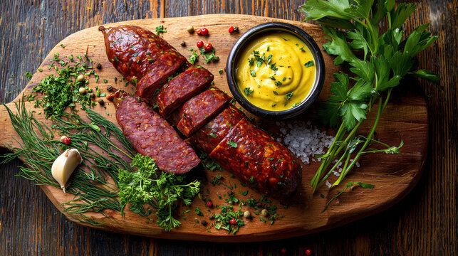 Kazakh kazy sausage on cutting board with mustard and herbs