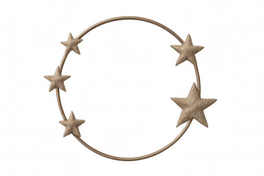 Six textured golden stars are meticulously placed around a sleek, golden circle, creating a celestial frame against a transparent backdrop