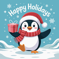 Penguin with present, happy holidays wording, snowy landscape, cute winter character, Christmas card vector, playful illustration