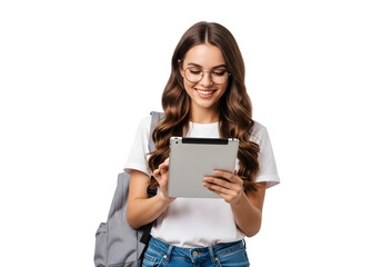 Happy young female student engaging with a modern tablet device, representing digital education and convenient study solutions