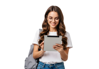 Happy young female student engaging with a modern tablet device, representing digital education and convenient study solutions