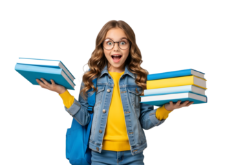 Excited Young Girl with Glasses Holds Stacks of Books, Ready for a New School Year of Learning and Education, Embracing Knowledge with a Wide-Eyed Smile