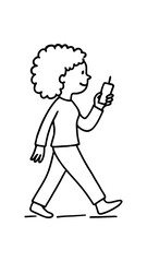 Doodle line comic style vector illustration African girl with curly hair walking outside holding smartphone black outline simple imperfect lines minimal details isolated on white