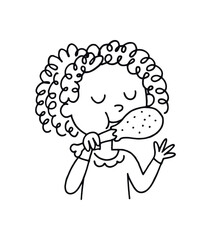 Obraz premium Doodle line comic style vector illustration African girl with curly hair eating turkey leg thanksgiving mood black outline simple imperfect lines minimal details isolated on white