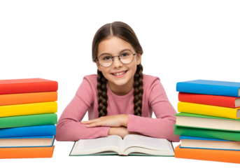 Radiant young student with glasses smiling, surrounded by vibrant stacks of books, representing a journey of eager learning and intellectual growth