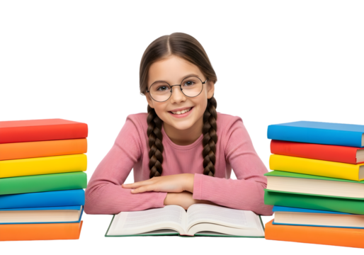 Radiant young student with glasses smiling, surrounded by vibrant stacks of books, representing a journey of eager learning and intellectual growth