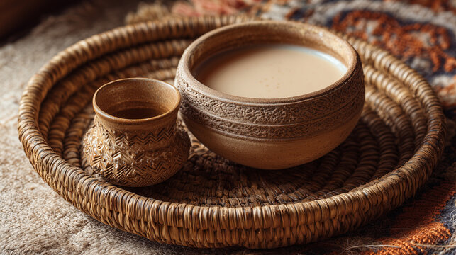 Fermented camel milk (shubat) served in clay cup with woven mat