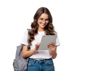 Enthusiastic young woman, a student, wearing glasses and a backpack, happily interacting with a digital tablet, symbolizing modern education and digital connectivity