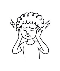 Obraz premium Doodle line comic style vector illustration African girl with curly hair headache holding head with pain black outline simple imperfect lines minimal details isolated on white