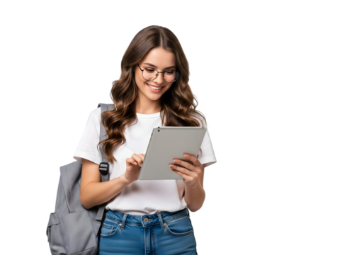 Enthusiastic young woman, a student, wearing glasses and a backpack, happily interacting with a digital tablet, symbolizing modern education and digital connectivity