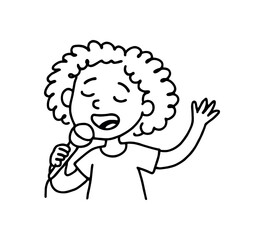 Obraz premium Doodle line comic style vector illustration African girl with curly hair singing karaoke with microphone black outline simple imperfect lines minimal details isolated on white