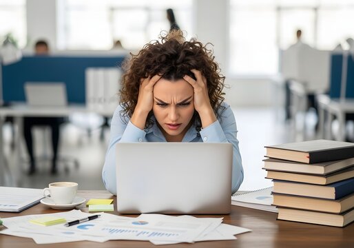 Overwhelmed woman with curly hair holds head in hands working on laptop amidst office chaos