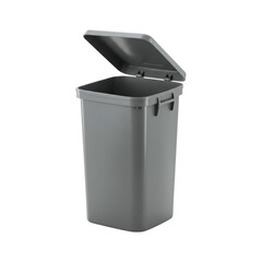 A practical and durable grey plastic trash can with an open lid suitable for everyday waste disposal and home organization tasks