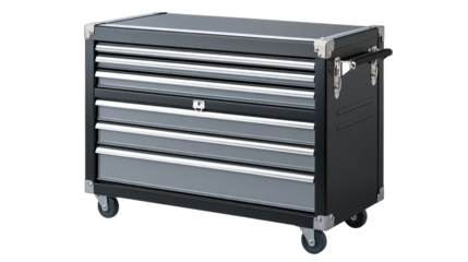 Png of Sleek black and silver tool chest on wheels, perfect for organizing tools and equipment in any workspace.