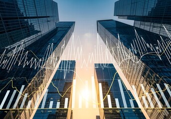 Modern skyscrapers with financial data overlays symbolize global economic growth and technological advancement
