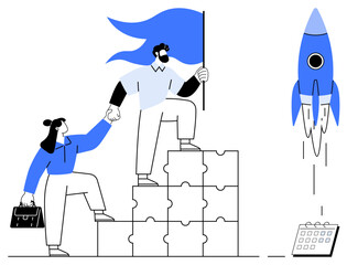 Two professionals climb a tower of puzzle pieces, holding hands as one plants a flag, symbolizing leadership. Nearby, a rocket launches, and a calendar sits on the ground. Ideal for collaboration