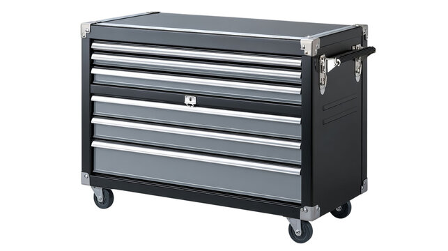 Png of Sleek black and silver tool chest on wheels, perfect for organizing tools and equipment in any workspace. - Powered by Adobe
