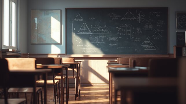 Empty classroom illuminated by sunlight, featuring a chalkboard covered in geometry diagrams and equations, fostering learning and education.