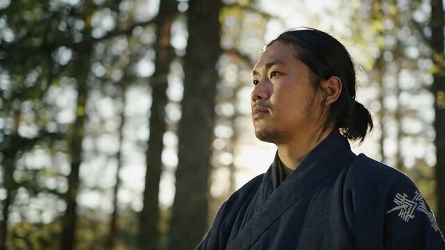Ainu Man in Traditional Attus Robe Outdoors with Forest Background