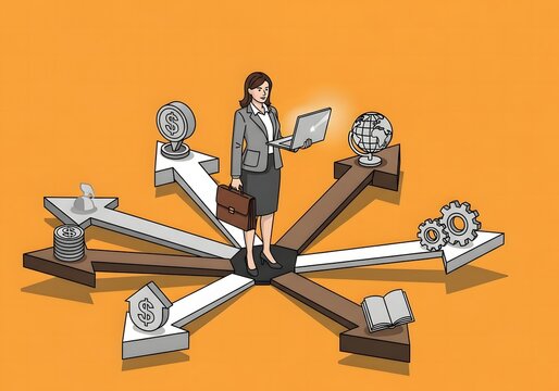 Businesswoman at crossroads of technology and opportunity with multiple paths forward