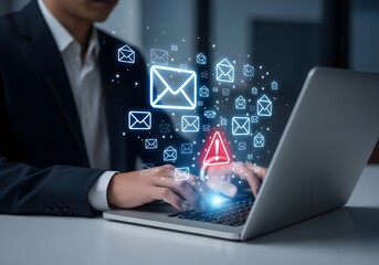 Business professional using laptop with glowing digital email and security alert icons emanating from the screen