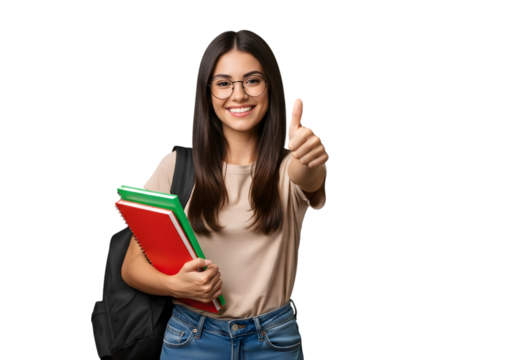 Happy young student woman giving thumbs up gesture, exuding confidence and approval for academic success, ready for learning and future achievements, isolated on white