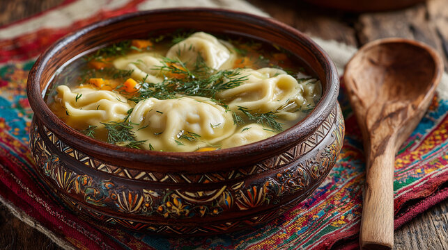 Chuchvara dumpling soup in traditional bowl, garnished with dill