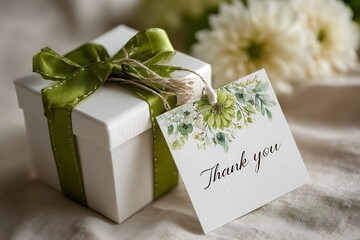 Light gift package displaying jade ribbon and botanical appreciation card
