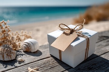 Ivory present package featuring brown label on sandy shore
