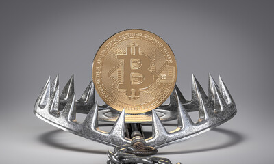 Bitcoin coin 3dl bear trap symbolizing investment risk