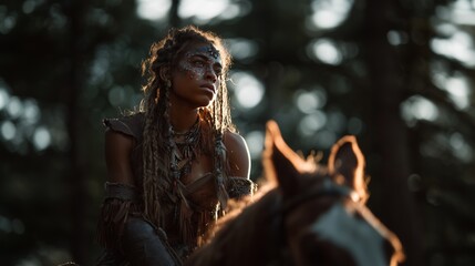 Obraz premium A tribal woman with painted face rides a horse through an enchanting forest, evoking a sense of mystery and adventure.