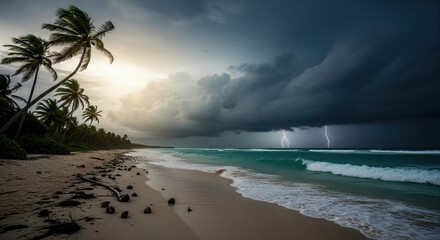 Dramatic sunrise on a stormy tropical beach