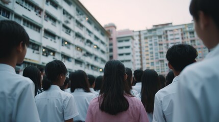 Fototapeta premium A group of uniformed students stand together, facing a backdrop of urban apartment buildings during twilight.