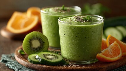 Two glasses of vibrant green smoothie, garnished with seeds and mint, sit atop a wooden board surrounded by fresh fruit