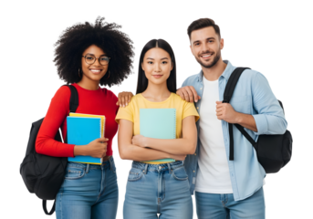 Diverse group of happy young students standing together, smiling confidently with books and backpacks, representing academic success and bright futures in education