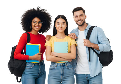 Diverse group of happy young students standing together, smiling confidently with books and backpacks, representing academic success and bright futures in education