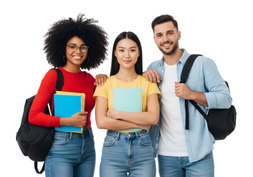 Diverse group of happy young students standing together, smiling confidently with books and backpacks, representing academic success and bright futures in education