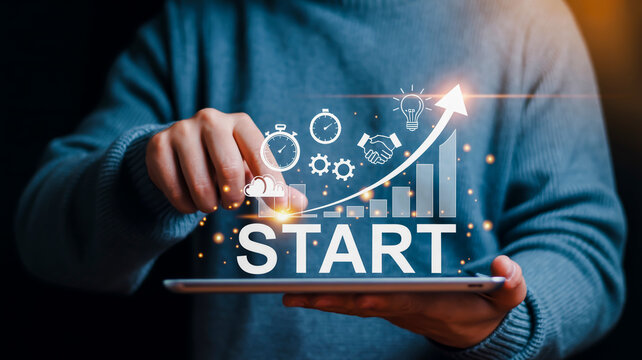 Person touching digital graph with upward trend and business icons growth - Powered by Adobe