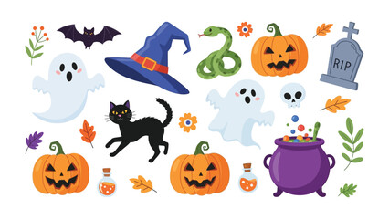 Halloween Icons: A collection of Halloween icons and illustrations, featuring pumpkins, ghosts, a witch's hat, a cauldron, and other spooky symbols, perfect for holiday-themed designs.